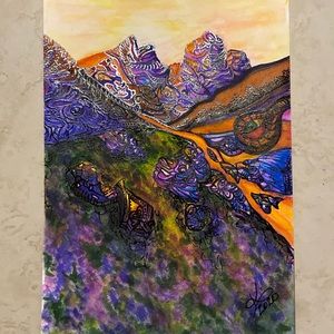 Unframed Original Art Watercolour Surreal Mountain Scape & Alpine Meadow